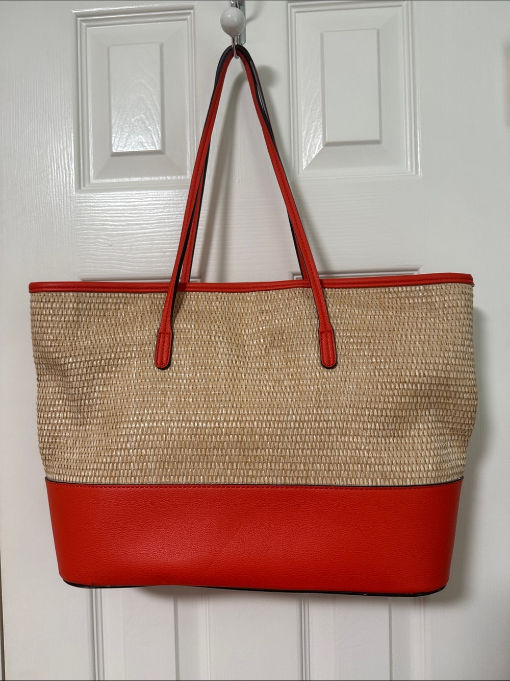 Orange Trim Straw Tote Bag with Orange Base